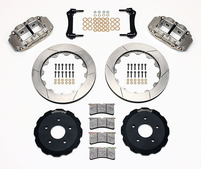 Wilwood Forged Narrow Superlite 4R Big Brake Rear Brake Kit (Race) Parts Laid Out - Nickel Plate Caliper - GT Slotted Rotor