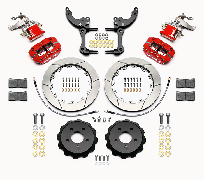 Wilwood Dynapro Radial-MC4 Rear Parking Brake Kit Parts Laid Out - Red Powder Coat Caliper