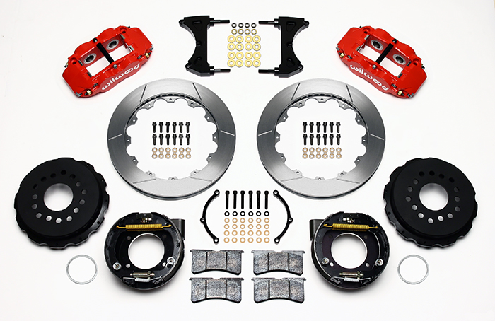 Wilwood Forged Narrow Superlite 4R Big Brake Rear Parking Brake Kit Parts Laid Out - Red Powder Coat Caliper - GT Slotted Rotor