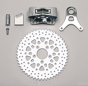 Wilwood GP310 Motorcycle Rear Sprocket Brake Kit Parts Laid Out - Chrome Caliper - Drilled Rotor