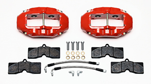 Wilwood D8-4 Rear Replacement Caliper Kit Parts Laid Out - Red Powder Coat Caliper