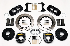 Wilwood AERO4 Big Brake Rear Parking Brake Kit Parts Laid Out - Black Powder Coat Caliper - SRP Drilled & Slotted Rotor