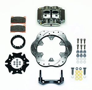 Wilwood Billet Narrow Dynalite Radial Mount Sprint Inboard Brake Kit Parts Laid Out - Nickel Plate Caliper - Drilled Rotor