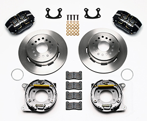 Wilwood Dynapro Dust-Boot Rear Parking Brake Kit Parts Laid Out - Black Powder Coat Caliper - Plain Face Rotor