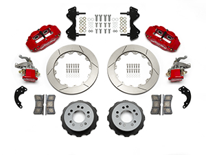 Wilwood Forged Narrow Superlite 4R-MC4 Big Brake Rear Parking Brake Kit Parts Laid Out - Red Powder Coat Caliper - GT Slotted Rotor