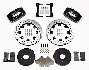 Wilwood Dynapro Radial Big Brake Front Brake Kit (Hat) Parts Laid Out - Black Anodize Caliper - SRP Drilled & Slotted Rotor