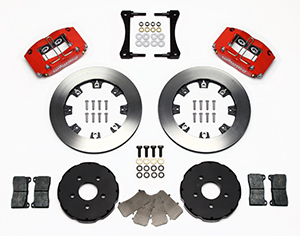 Wilwood Dynapro Radial Big Brake Front Brake Kit (Hat) Parts Laid Out - Red Powder Coat Caliper - Plain Face Rotor