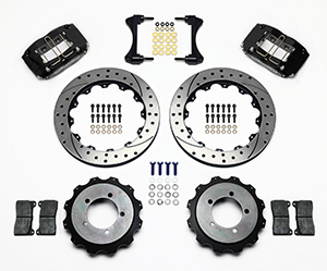 Wilwood Dynapro Radial Rear Brake Kit For OE Parking Brake Parts Laid Out - Black Powder Coat Caliper - SRP Drilled & Slotted Rotor