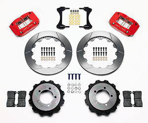 Wilwood Dynapro Radial Rear Brake Kit For OE Parking Brake Parts Laid Out - Red Powder Coat Caliper - GT Slotted Rotor