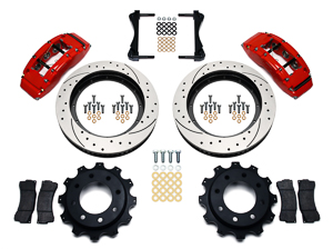 Wilwood TC6R Big Brake Truck Rear Brake Kit Parts Laid Out - Red Powder Coat Caliper - SRP Drilled & Slotted Rotor