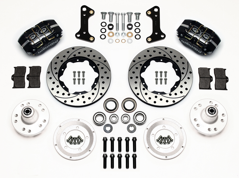 Wilwood Dynapro Dust-Boot Pro Series Front Brake Kit Parts Laid Out - Black Powder Coat Caliper - SRP Drilled & Slotted Rotor