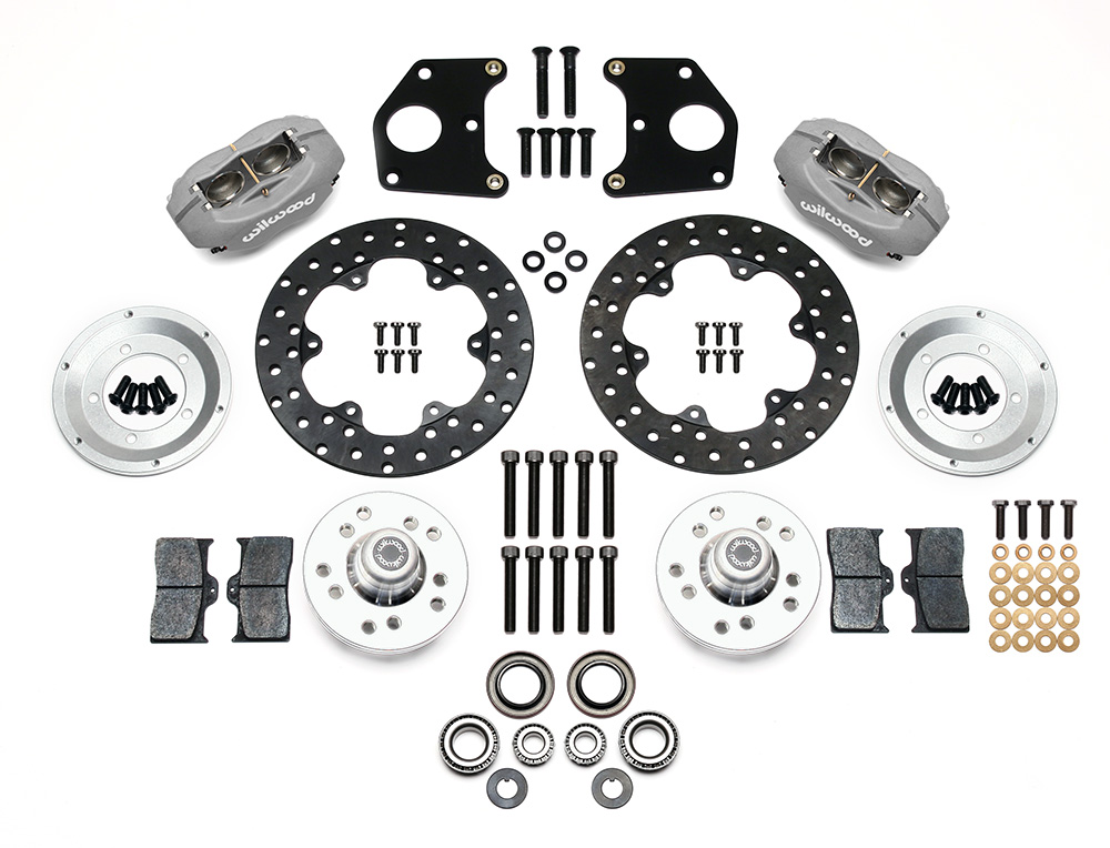 Wilwood Forged Dynalite Front Drag Brake Kit Parts Laid Out - Type III Anodize Caliper - Drilled Rotor