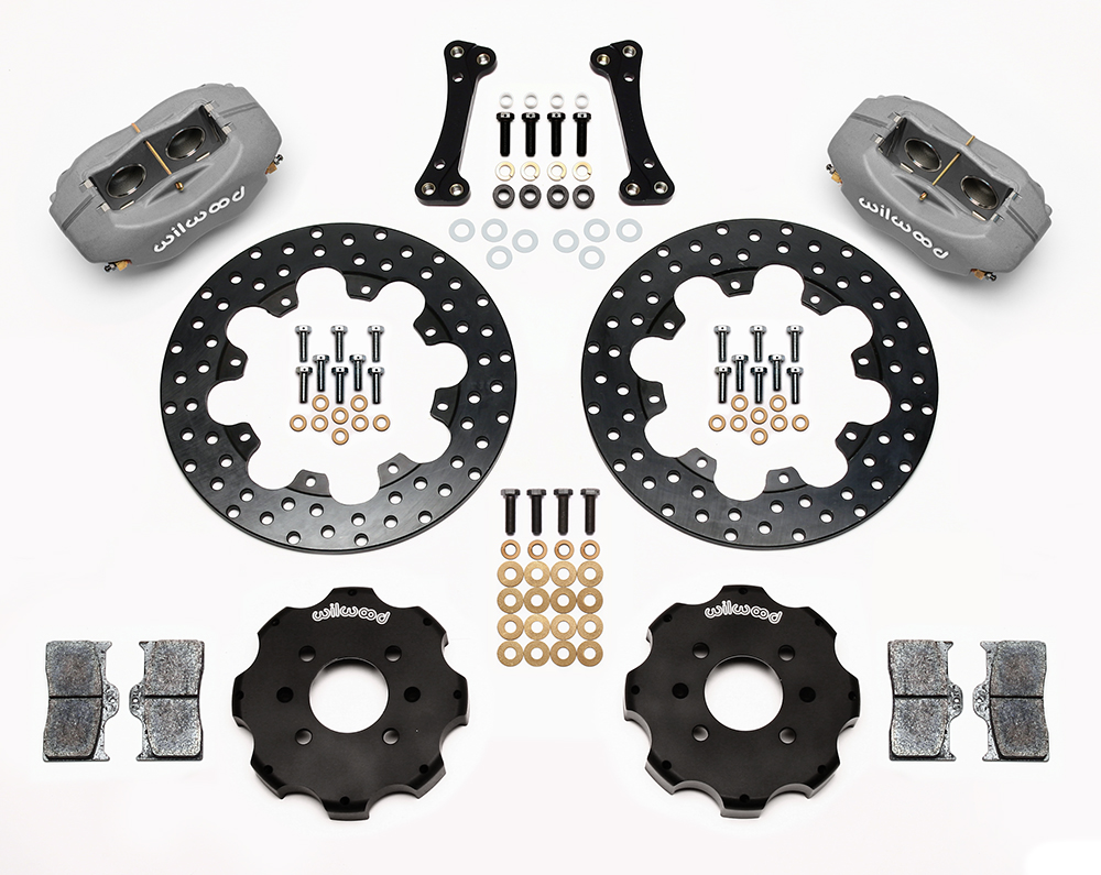 Wilwood Forged Dynalite Front Drag Brake Kit (Hat) Parts Laid Out - Type III Anodize Caliper - Drilled Rotor