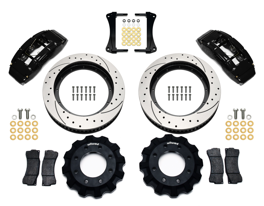 Wilwood TC6R Big Brake Truck Front Brake Kit Parts Laid Out - Black Powder Coat Caliper - SRP Drilled & Slotted Rotor