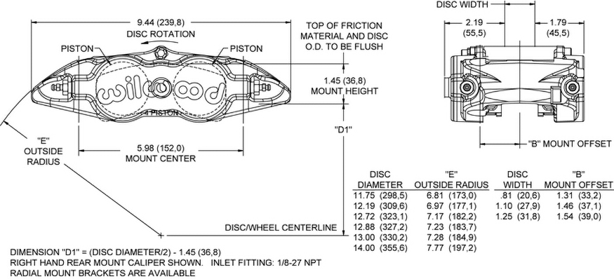 Forged Narrow Superlite 4 Dust Seal Radial Mount Caliper Drawing