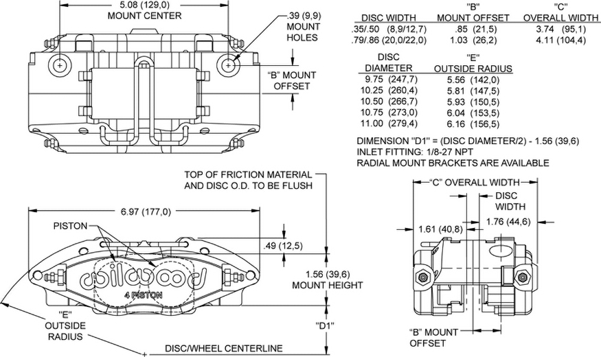 Dimensions for the Powerlite Radial Mount