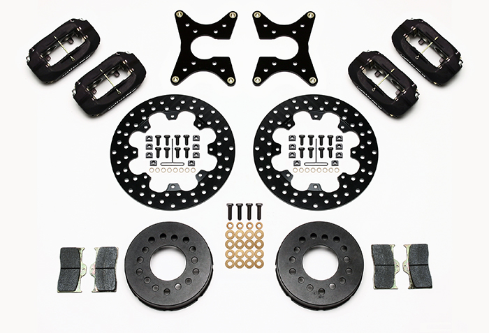 Wilwood Forged Dynalite Dual Dynamic Rear Drag Brake Kit Parts Laid Out - Type III Anodize Caliper - Drilled Rotor