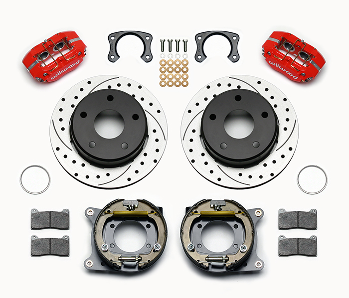 Wilwood Dynapro Lug Mount Rear Parking Brake Kit Parts Laid Out - Red Powder Coat Caliper - SRP Drilled & Slotted Rotor