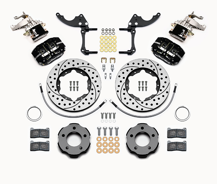 Wilwood Dynapro Radial-MC4 Rear Parking Brake Kit Parts Laid Out - Black Powder Coat Caliper - SRP Drilled & Slotted Rotor