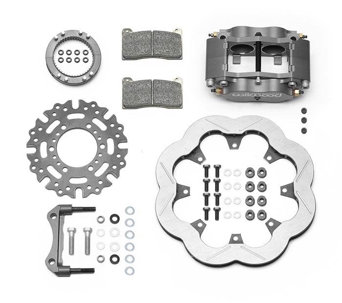 Wilwood Billet Narrow Dynalite Radial Mount Sprint Inboard Brake Kit Parts Laid Out - Type III Anodize Caliper - Slotted Rotor