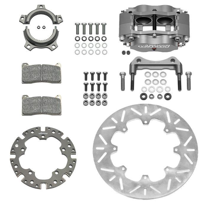 Wilwood Billet Narrow Dynalite Radial Mount Sprint Inboard Brake Kit Parts Laid Out - Type III Anodize Caliper - Slotted Rotor