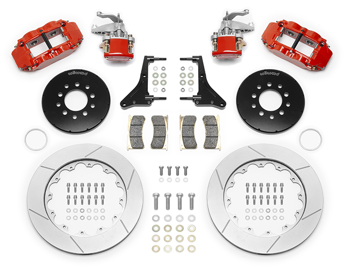 Wilwood Forged Narrow Superlite 4R-MC4 Big Brake Rear Parking Brake Kit Parts Laid Out - Red Powder Coat Caliper - GT Slotted Rotor