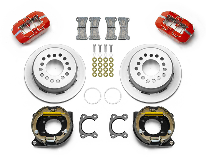 Wilwood Forged Dynapro Low-Profile Dust Seal Rear Parking Brake Kit Parts Laid Out - Red Powder Coat Caliper - Plain Face Rotor