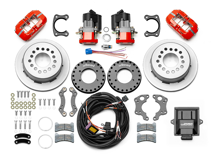Wilwood Forged Dynapro Low-Profile Rear Electronic Parking Brake Kit Parts Laid Out - Red Powder Coat Caliper - Plain Face Rotor