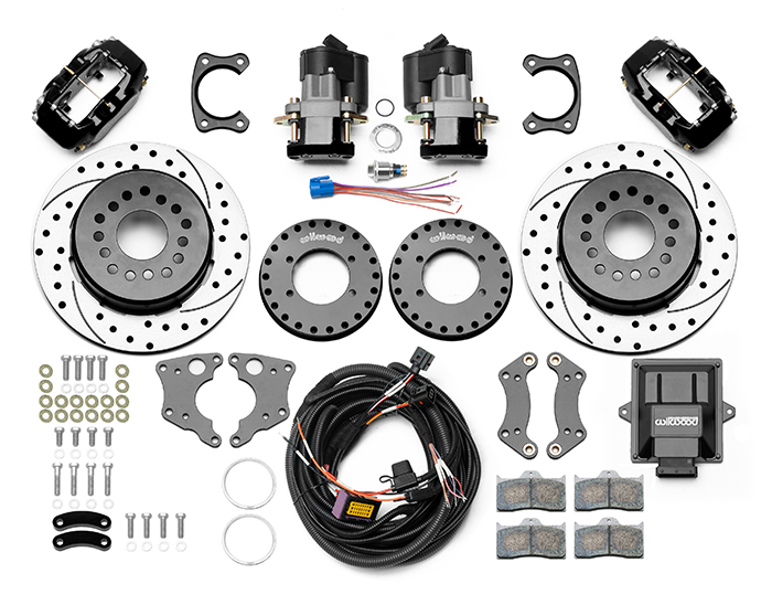 Wilwood Forged Dynalite Rear Electronic Parking Brake Kit Parts Laid Out - Black Powder Coat Caliper - SRP Drilled & Slotted Rotor