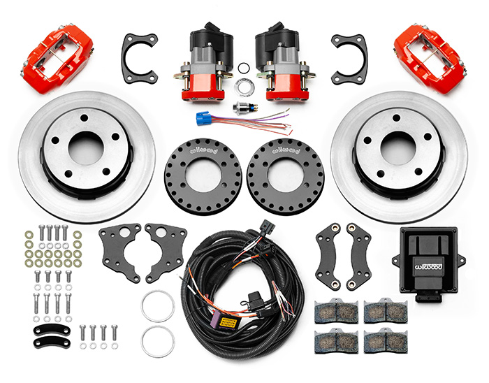 Wilwood Forged Dynalite Rear Electronic Parking Brake Kit Parts Laid Out - Red Powder Coat Caliper - Plain Face Rotor