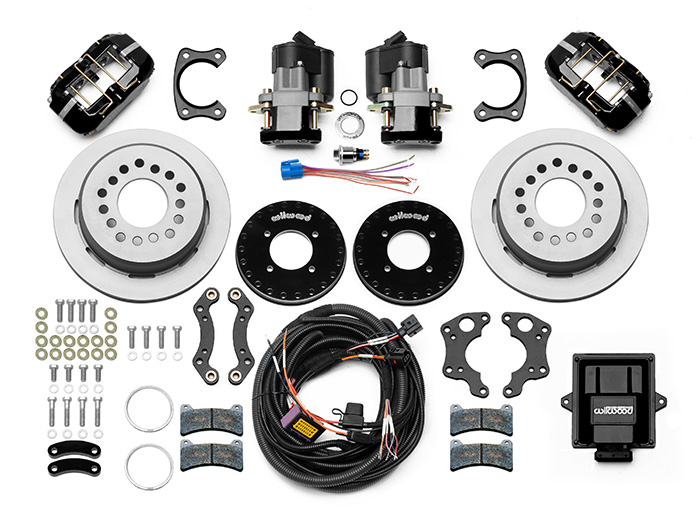 Wilwood Forged Dynapro Low-Profile Rear Electronic Parking Brake Kit Parts Laid Out - Black Powder Coat Caliper - Plain Face Rotor