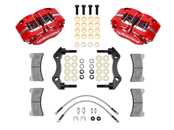 Wilwood Narrow Dynapro-P Radial Rear Caliper and Bracket Kit Parts Laid Out - Red Powder Coat Caliper