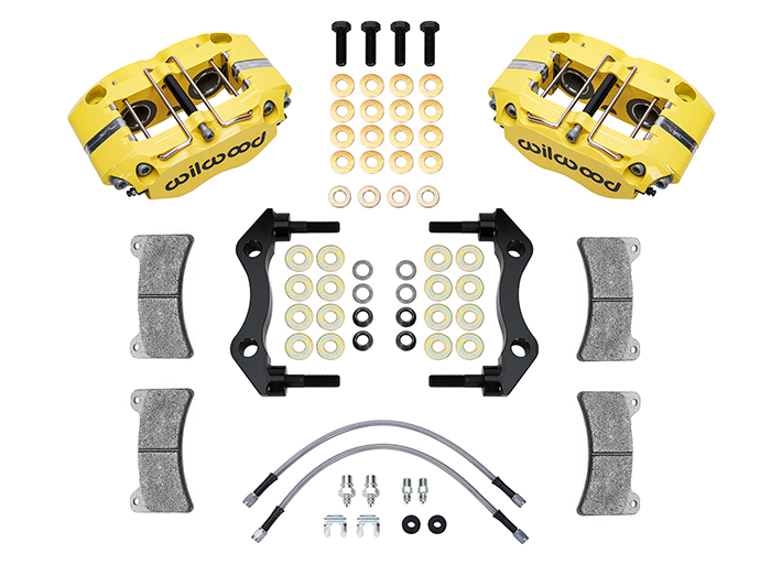 Wilwood Narrow Dynapro-P Radial Rear Caliper and Bracket Kit Parts Laid Out - Yellow Powder Coat Caliper