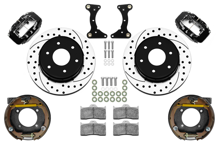 Wilwood Forged Dynalite Rear Parking Brake Kit (6 x 5.50 Rotor) Parts Laid Out - Black Powder Coat Caliper - SRP Drilled & Slotted Rotor