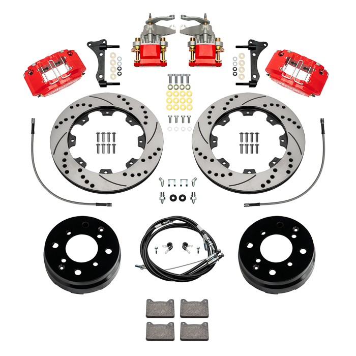 Wilwood Powerlite-MC4 Rear Parking Brake Kit Parts Laid Out - Red Powder Coat Caliper - SRP Drilled & Slotted Rotor