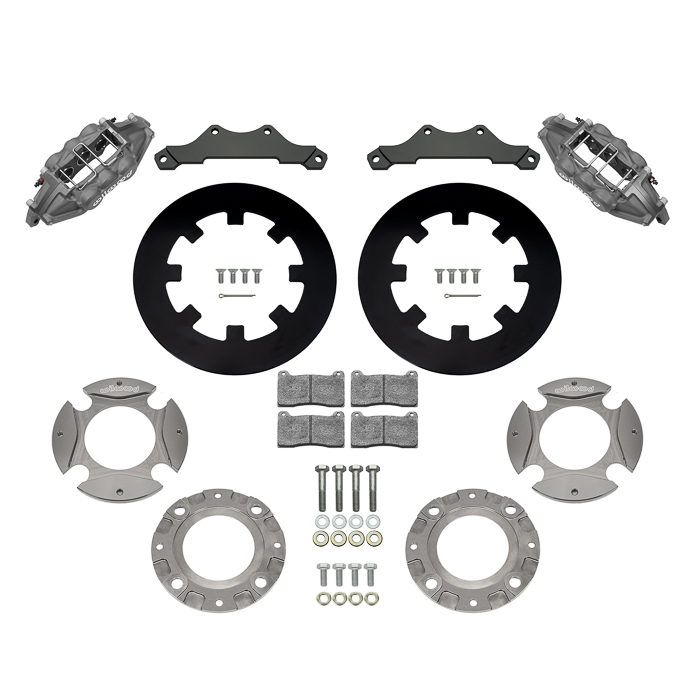 Wilwood UTV6 Rear Brake Kit (Race) Parts Laid Out - Type III Anodize Caliper - Plain Face Rotor