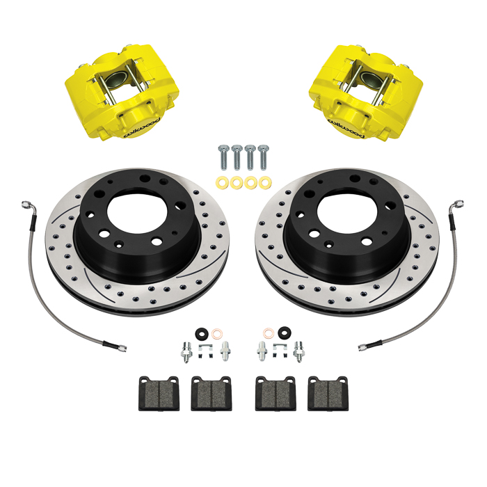 Wilwood D31 Rear Brake Kit Parts Laid Out - Yellow Powder Coat Caliper - SRP Drilled & Slotted Rotor