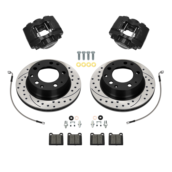 Wilwood D31 Rear Brake Kit Parts Laid Out - Black Powder Coat Caliper - SRP Drilled & Slotted Rotor