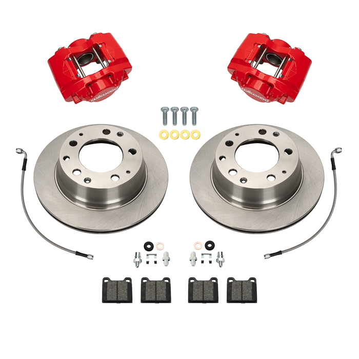 Wilwood D31 Rear Brake Kit Parts Laid Out - Red Powder Coat Caliper - Plain Face Rotor