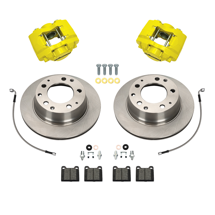 Wilwood D31 Rear Brake Kit Parts Laid Out - Yellow Powder Coat Caliper - Plain Face Rotor