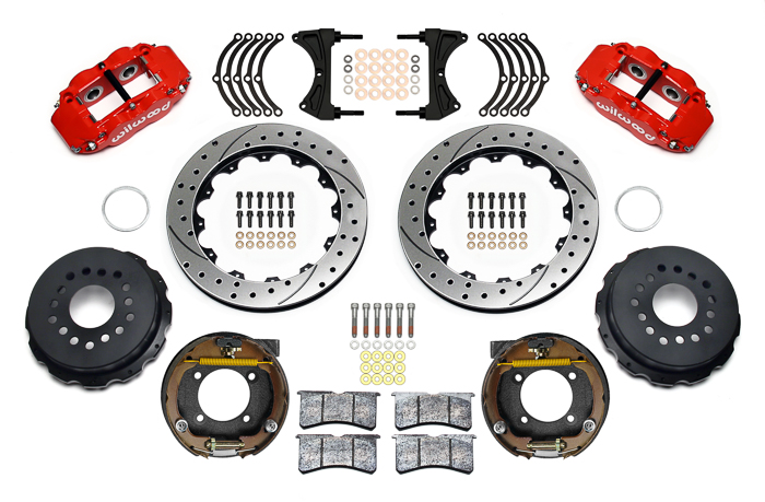 Wilwood Forged Narrow Superlite 4R Big Brake Rear Parking Brake Kit Parts Laid Out - Red Powder Coat Caliper - SRP Drilled & Slotted Rotor