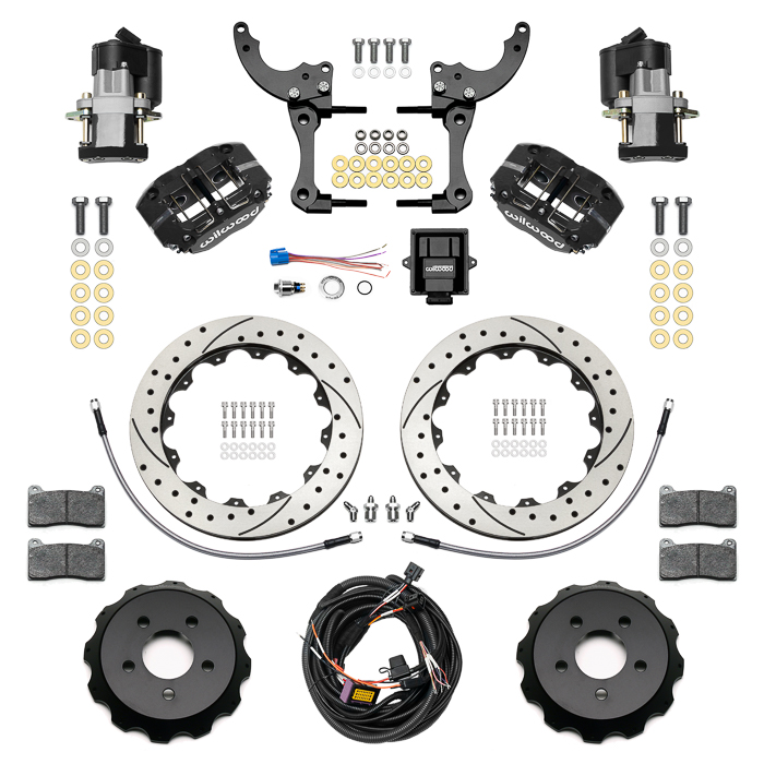 Wilwood Dynapro Radial-EPB Rear Parking Brake Kit Parts Laid Out - Black Powder Coat Caliper - SRP Drilled & Slotted Rotor