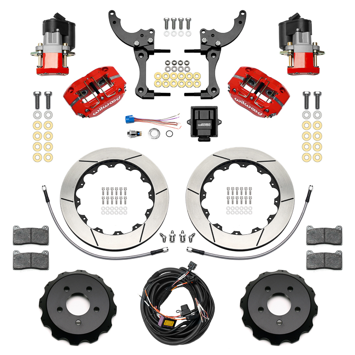 Wilwood Dynapro Radial-EPB Rear Parking Brake Kit Parts Laid Out - Red Powder Coat Caliper - GT Slotted Rotor