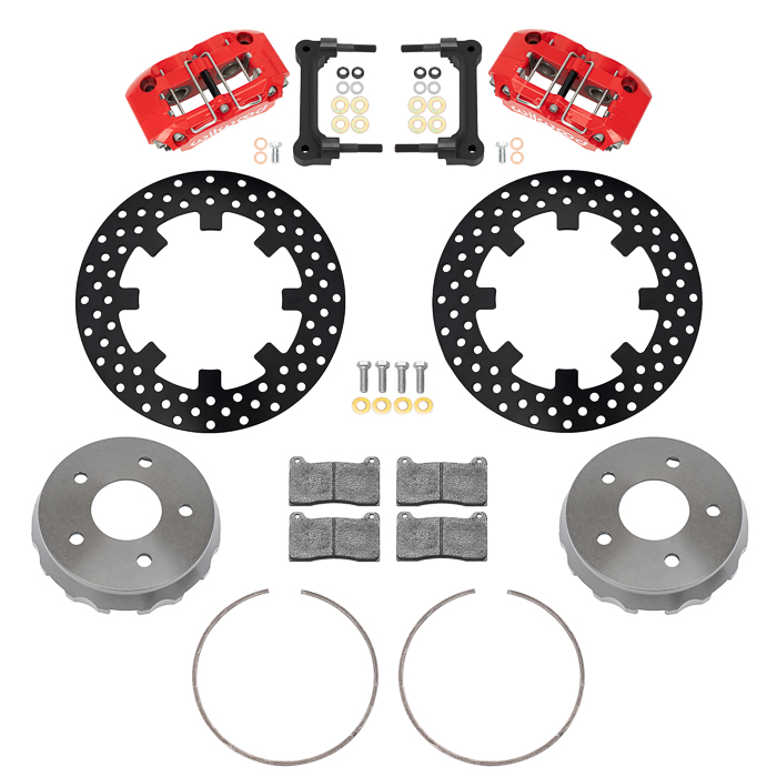 Wilwood NDPR Rear UTV Brake Kit Parts Laid Out - Red Powder Coat Caliper - Drilled Rotor
