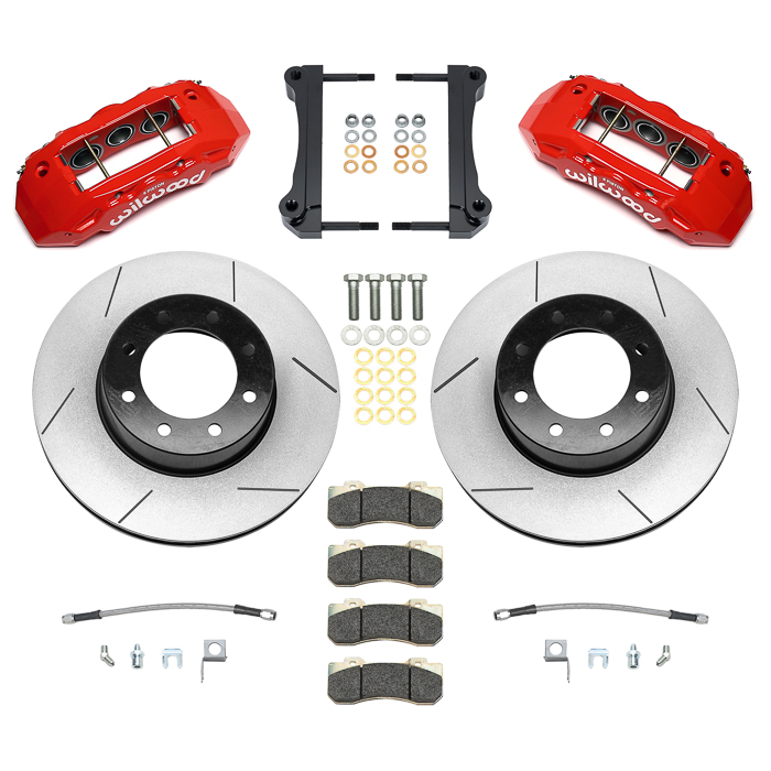 Wilwood TX6R Big Brake Truck Rear Brake Kit Parts Laid Out - Red Powder Coat Caliper - GT Slotted Rotor