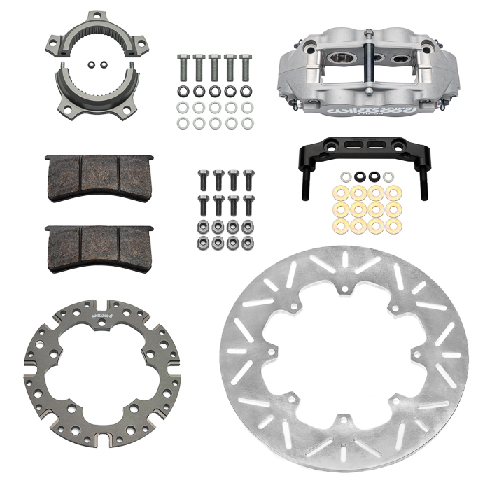Wilwood Forged Narrow Superlite 6 Radial Mount Sprint Inboard Brake Kit Parts Laid Out - Type III Anodize Caliper - Slotted Rotor