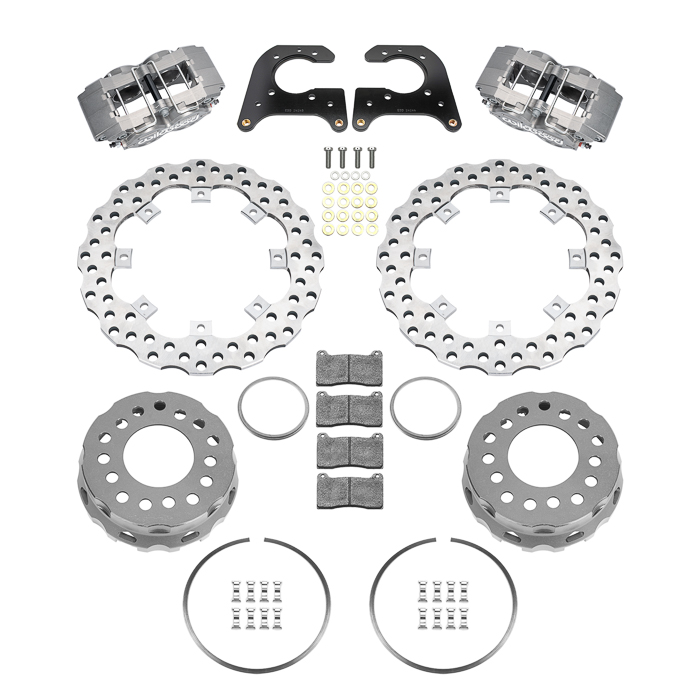 Wilwood XRD SA Scalloped Lug Drive Dynamic Rear Drag Brake Kit Parts Laid Out - Type III Anodize Caliper - Drilled Rotor