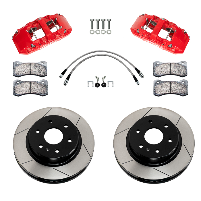 Wilwood AERO4-DM Direct-Mount Truck Rear Brake Kit Parts Laid Out - Red Powder Coat Caliper - GT Slotted Rotor