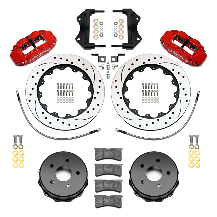 Wilwood Forged Narrow Superlite 4R Big Brake Rear Brake Kit For OE Parking Brake Parts Laid Out - Red Powder Coat Caliper - SRP Drilled & Slotted Rotor