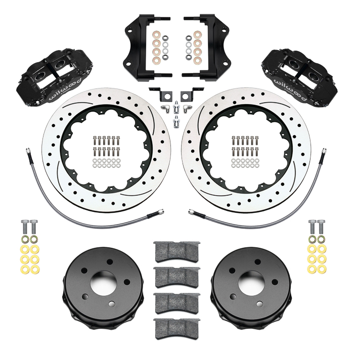 Wilwood Forged Narrow Superlite 4R Big Brake Rear Brake Kit For OE Parking Brake Parts Laid Out - Black Powder Coat Caliper - SRP Drilled & Slotted Rotor